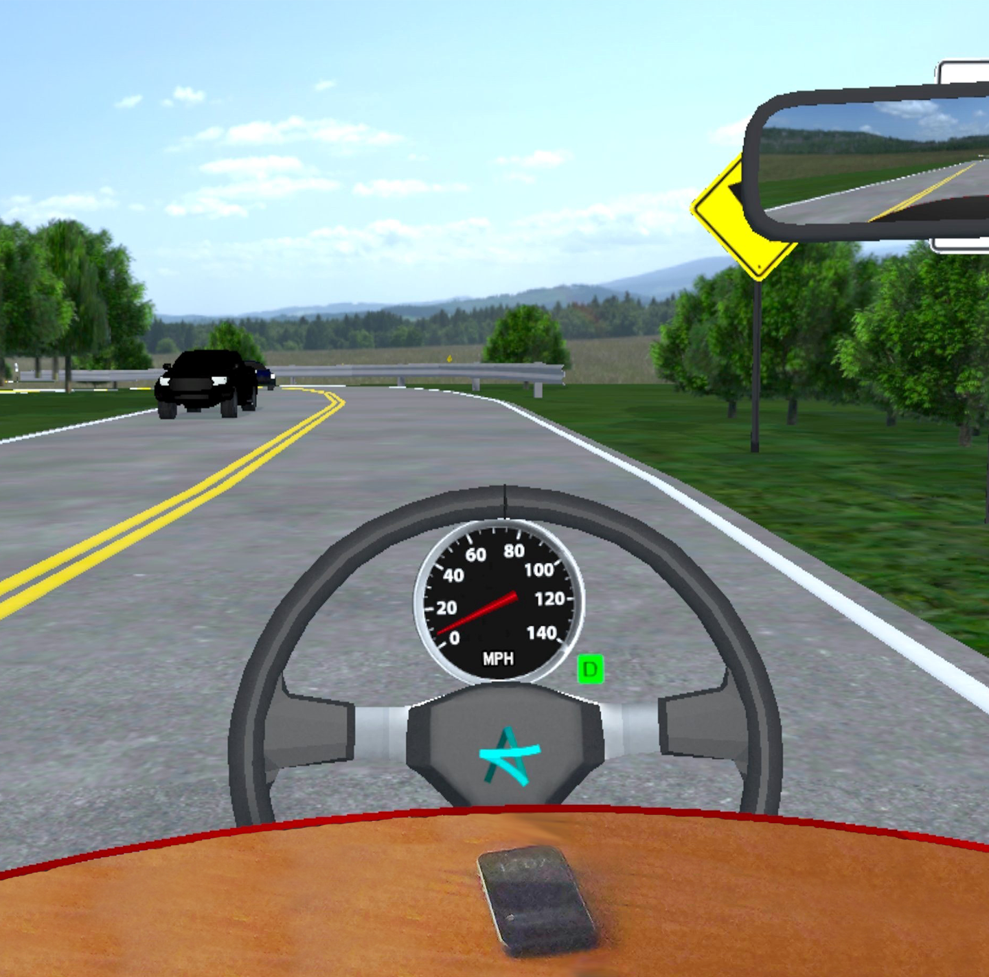 Adiona-G distracted driving mode with a transparent passthrough window at the bottom of the view so the participant can use their real phone while driving