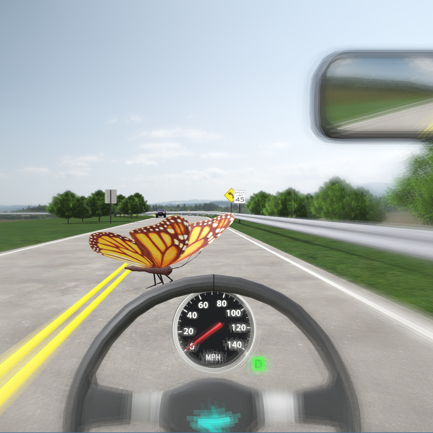 Adiona-G marijuana impairment mode showing the driver's attention drawn to an irrelevant butterfly while the road blurs